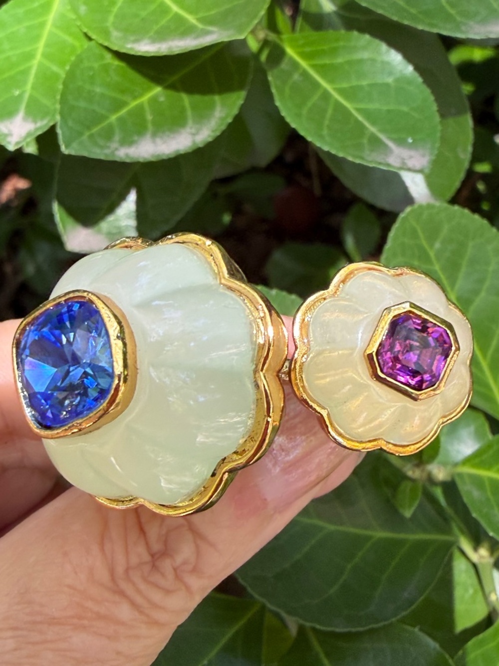 ISHARYA Faux Melon Carved Jade & Blue Purple Rhinestones Double Statement Ring